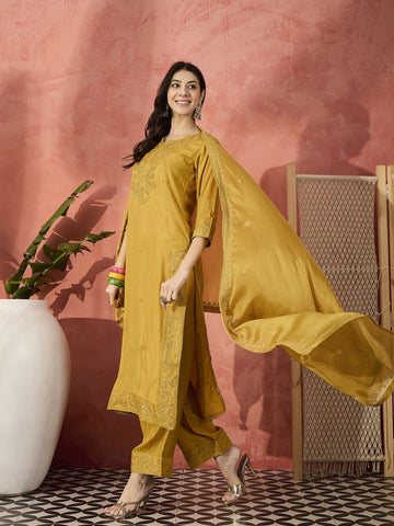 Sangria Mustard Color Embroidered Straight Kurta & Trousers With Dupatta