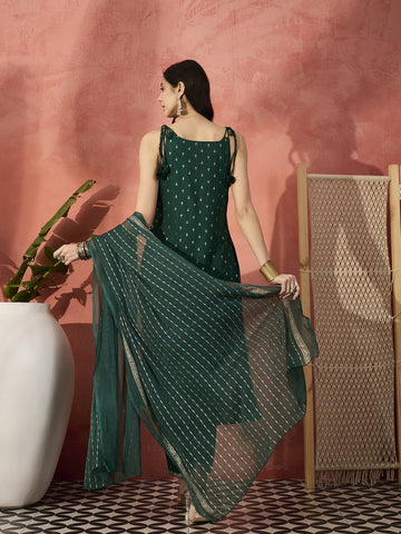 Sangria Green Color Embroidered Cut Sleeve Straight Kurta & Trousers With Dupatta