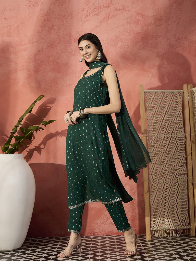 Women Embroidered Round Neck Straight Kurta & Trousers With Dupatta