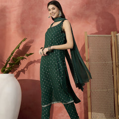 Women Embroidered Round Neck Straight Kurta & Trousers With Dupatta