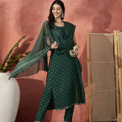 Women Embroidered Round Neck Straight Kurta & Trousers With Dupatta