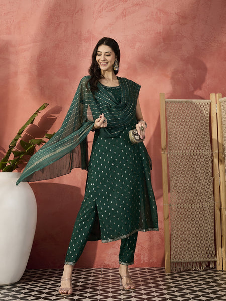 Women Embroidered Round Neck Straight Kurta & Trousers With Dupatta