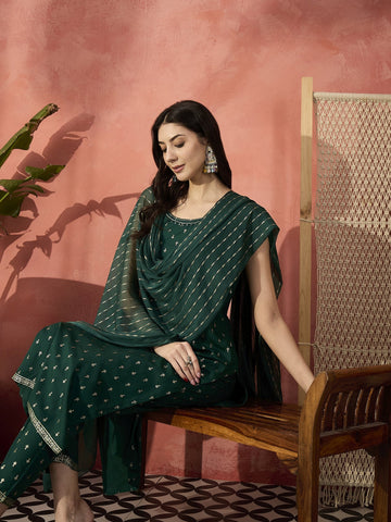 Sangria Green Color Embroidered Cut Sleeve Straight Kurta & Trousers With Dupatta