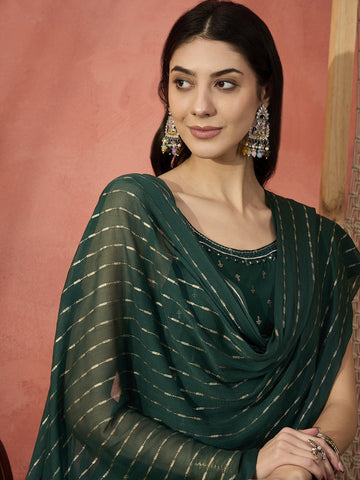 Sangria Green Color Embroidered Cut Sleeve Straight Kurta & Trousers With Dupatta