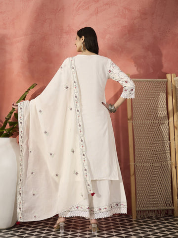 Sangria White Color Embroidered Pure Cotton Straight Kurta & Trousers With Dupatta