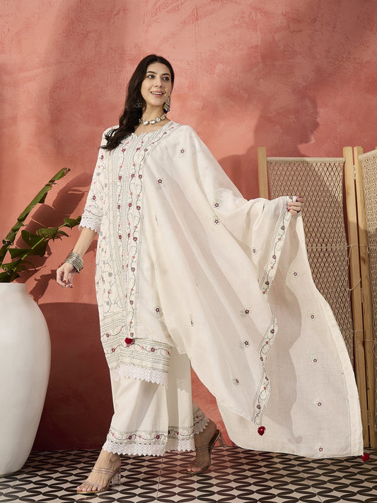 Sangria White Cotton Embroidered Straight Kurta Set with Dupatta