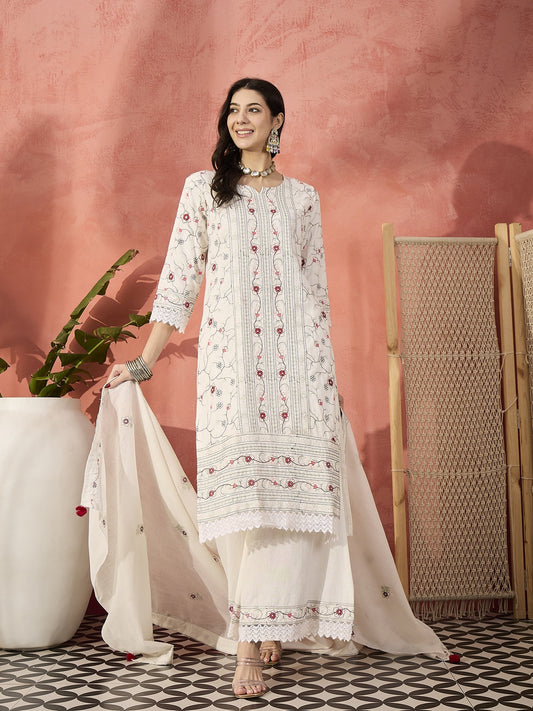 Sangria White Cotton Embroidered Straight Kurta Set with Dupatta