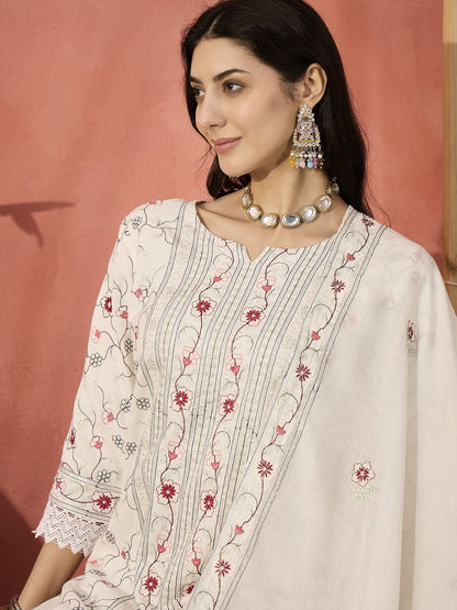 Women Embroidered Pure Cotton Straight Kurta & Palazzos With Dupatta Embroidered Pure Cotton Straight Kurta & Palazzos With Dupatta
