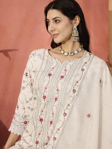 Sangria White Color Embroidered Pure Cotton Straight Kurta & Trousers With Dupatta