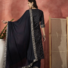 Women Navy Blue Embroidered Straight Kurta Set with Silk Dupatta