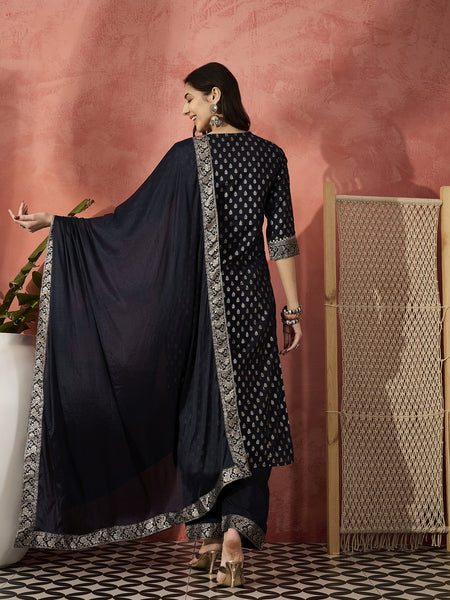 Women Navy Blue Embroidered Straight Kurta Set with Silk Dupatta