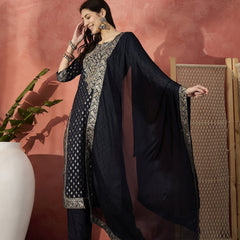 Women Navy Blue Embroidered Straight Kurta Set with Silk Dupatta