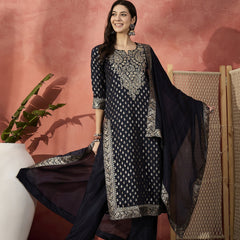 Women Navy Blue Embroidered Straight Kurta Set with Silk Dupatta