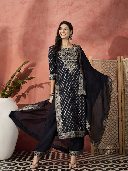 Women Navy Blue Embroidered Straight Kurta Set with Silk Dupatta