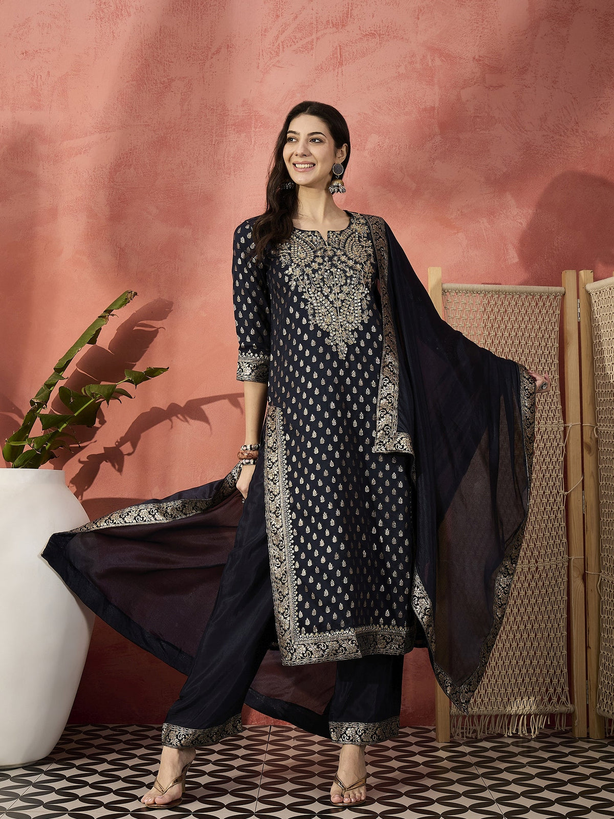 Sangria Embroidered Straight Kurta & Trousers With Dupatta