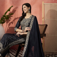 Women Navy Blue Embroidered Straight Kurta Set with Silk Dupatta