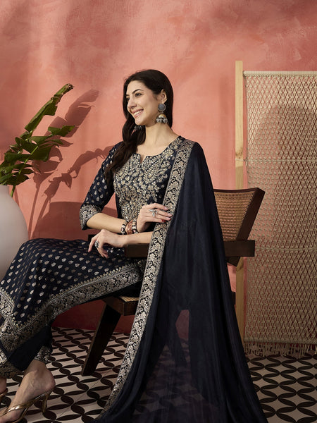 Women Navy Blue Embroidered Straight Kurta Set with Silk Dupatta