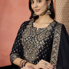 Women Navy Blue Embroidered Straight Kurta Set with Silk Dupatta