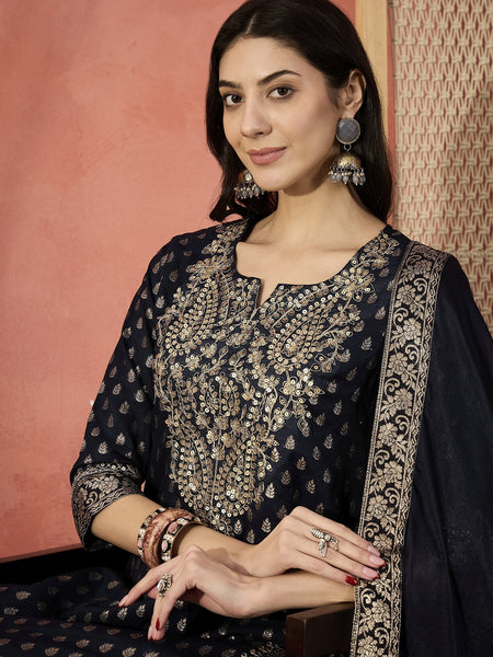 Women Navy Blue Embroidered Straight Kurta Set with Silk Dupatta