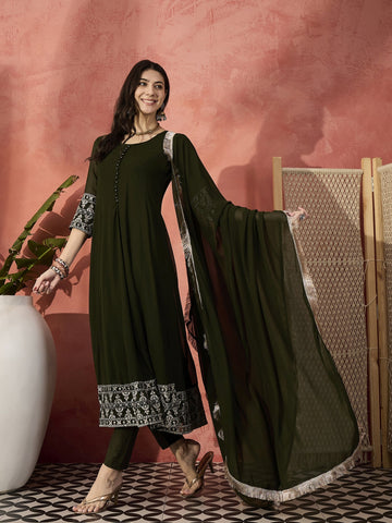 Sangria Green Color Embroidered Anarkali Kurta & Trousers With Dupatta