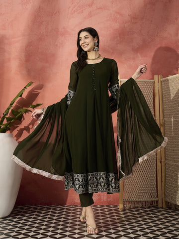 Sangria Green Color Embroidered Anarkali Kurta & Trousers With Dupatta