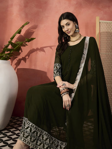 Sangria Green Color Embroidered Anarkali Kurta & Trousers With Dupatta