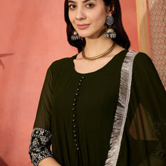 Women Embroidered Sequinned  Pure Cotton Anarkali Kurta & Trousers With Dupatta