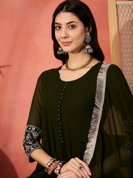 Women Embroidered Sequinned  Pure Cotton Anarkali Kurta & Trousers With Dupatta