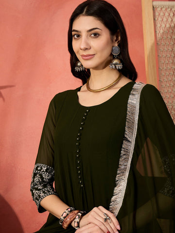 Sangria Green Color Embroidered Anarkali Kurta & Trousers With Dupatta