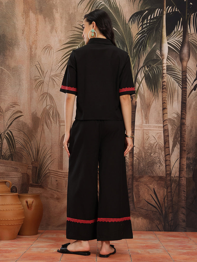 Midnight Elegance Embroidered Cotton Shirt Palazzo Set