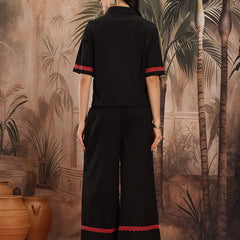 Midnight Elegance Embroidered Cotton Shirt Palazzo Set