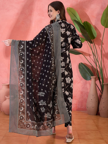 Women Black Color Printed A-line Kurta Trousers With Dupatta Set