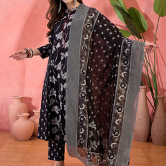 Women Black Printed Pure Cotton Kurta Trousers & Dupatta