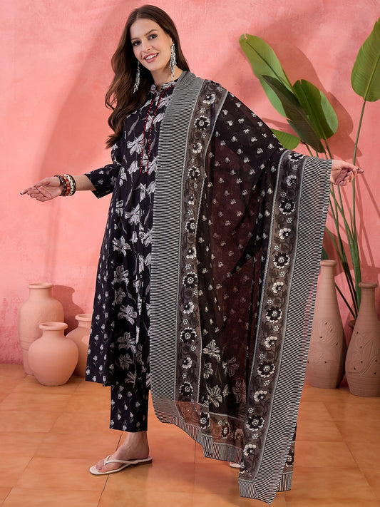 Women Black Color Printed A-line Kurta Trousers With Dupatta Set