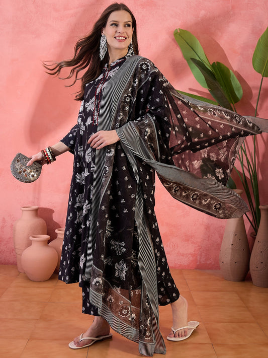 Women Black Color Printed A-line Kurta Trousers With Dupatta Set