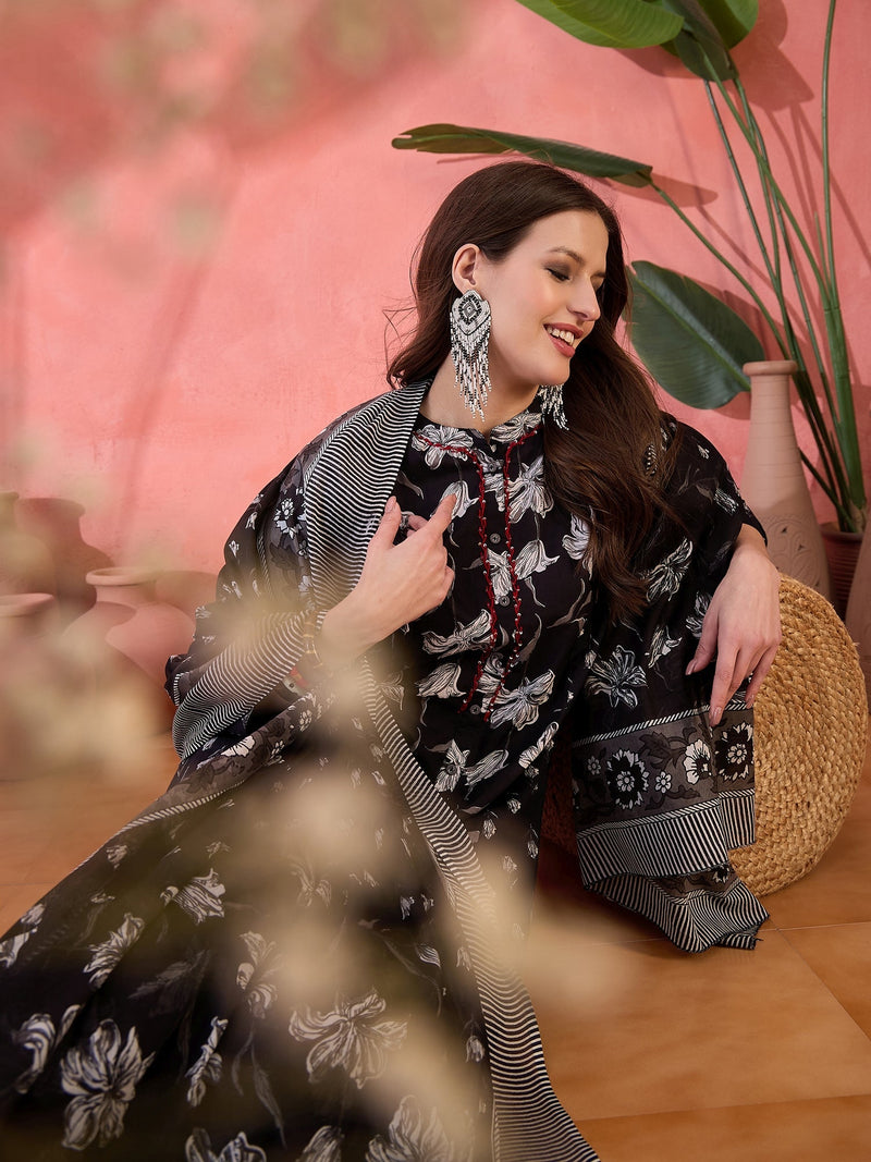Women Black Printed Pure Cotton Kurta Trousers & Dupatta