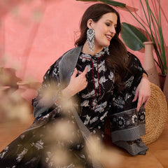 Women Black Printed Pure Cotton Kurta Trousers & Dupatta