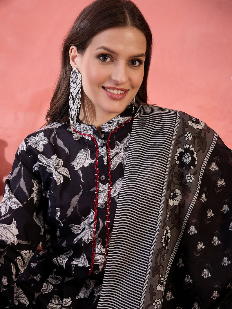 Women Black Printed Pure Cotton Kurta Trousers & Dupatta