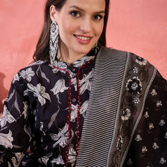 Women Black Printed Pure Cotton Kurta Trousers & Dupatta
