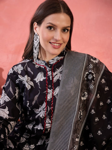 Women Black Color Printed A-line Kurta Trousers With Dupatta Set