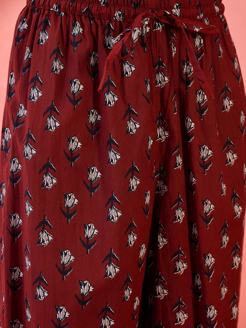 Women Maroon Printed Pure Cotton Kurta Palazzos & Dupatta