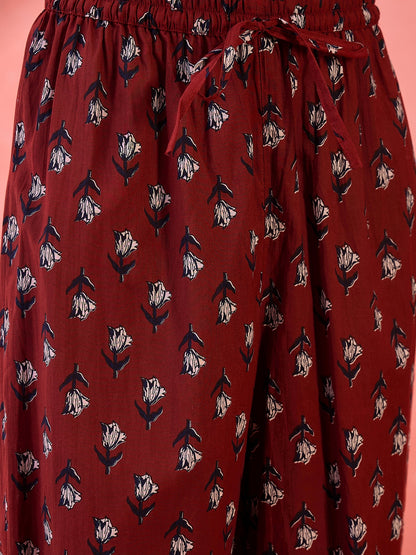 Maroon Cotton Printed Anarkali Kurta Palazzo Set with Dupatta