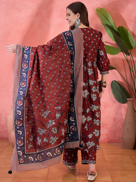 Women Maroon Printed Pure Cotton Kurta Palazzos & Dupatta