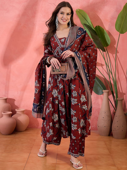 Maroon Cotton Printed Anarkali Kurta Palazzo Set with Dupatta