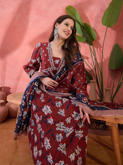 Maroon Cotton Printed Anarkali Kurta Palazzo Set with Dupatta