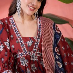 Women Maroon Printed Pure Cotton Kurta Palazzos & Dupatta