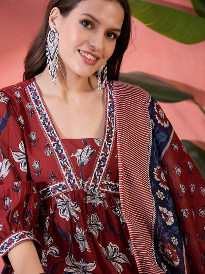 Maroon Cotton Printed Anarkali Kurta Palazzo Set with Dupatta