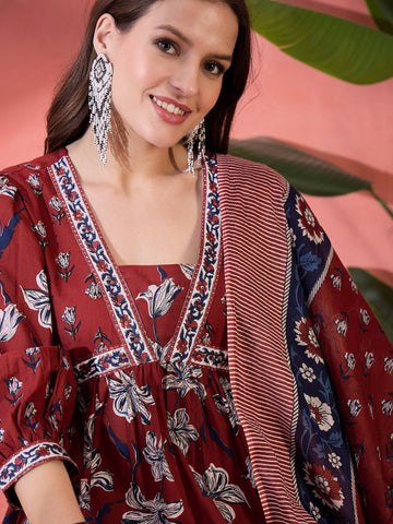 Women Maroon Color Printed Anarkali Kurta Palazzo With Dupatta Set