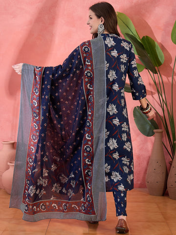 Women Blue Color Printed A-line Kurta Trousers With Dupatta Set