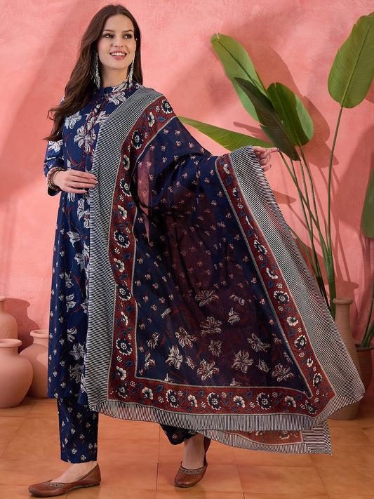 Women Blue Color Printed A-line Kurta Trousers With Dupatta Set